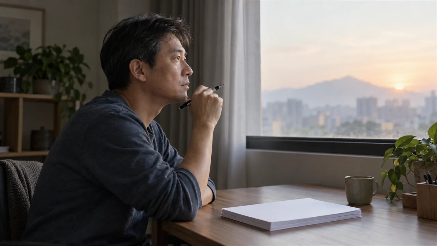 四十多歲的人在清晨的書桌前，手裡握著筆停在半空，望向窗外在權衡