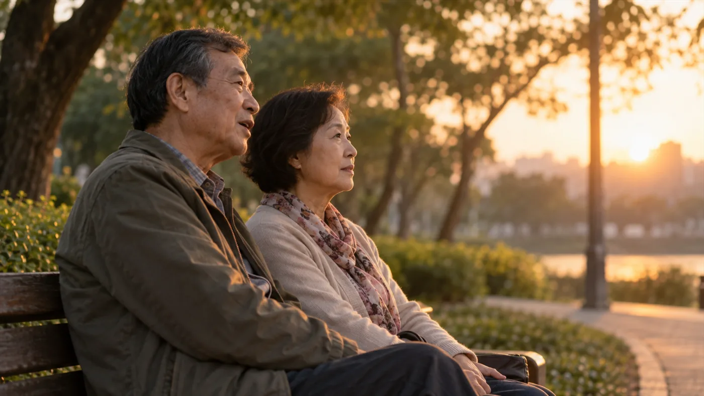 一對六十多歲的台灣夫妻在黃昏的公園長椅上並肩坐著，其中一位正在跟另一位說話